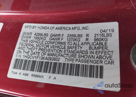 2019 Honda Accord Lx из США, поврежденный, VIN 1HGCV1F13KA093602